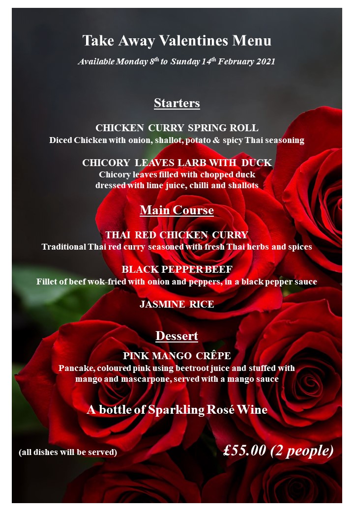 Valentines Meal Deal available all week! £55 for 2 people, including fizz. Go to website for further details. theartkitchen.com #valentines #eatlocal #thaifood
