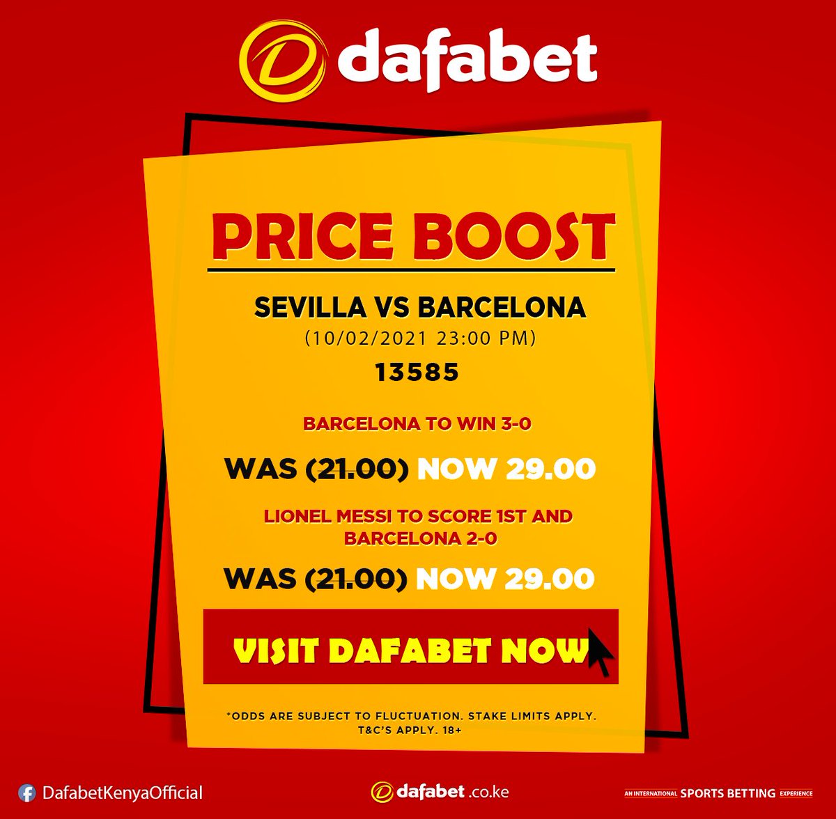 DafabetKenya's tweet photo. HIGHEST BOOSTED ODDS
More on boosted Odds
Sevilla FC vs FC Barcelona
#footballspain
COPA DEL REY
Odds and #priceboostspecial
Visit 👉 https://t.co/NOlRjQ3HWG

18+ bet responsibly
#tukogame #browsebilabundles

T&amp;C Apply https://t.co/ptvOfPodv6
