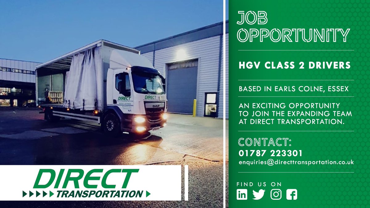 ***JOB OPPORTUNITY***

HGV CLASS 2 DRIVERS 🚛

This is a fantastic opportunity to join an expanding team at Direct Transportation.

Contact details on poster 📞📧

#DT #DirectTransportation #JobOpportunity