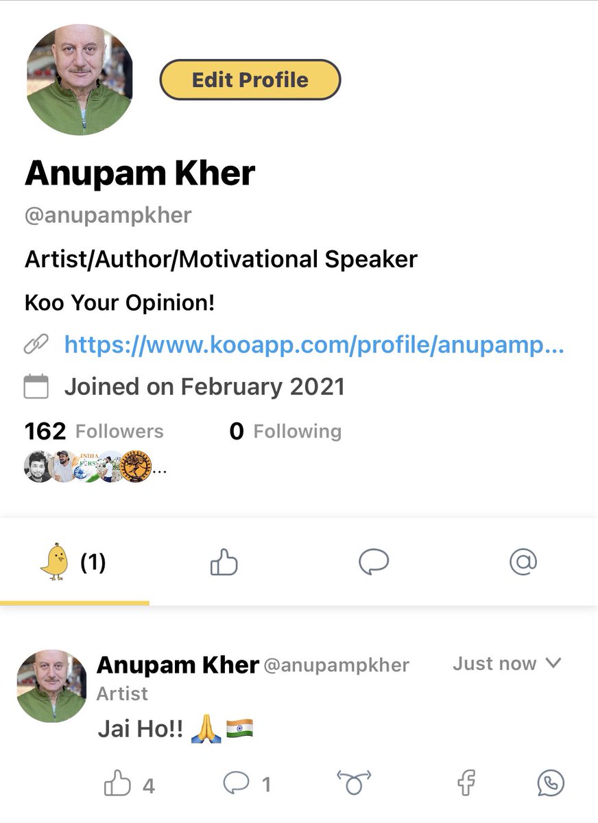I am on #Koo. My handle is @anupampkher! And my very first #Koo is..... JAI HO!! तो चलो!! आ जाओ आप लोग भी!! कू कू खेलते हैं!! 🙏🇮🇳🇮🇳 #kooapp
