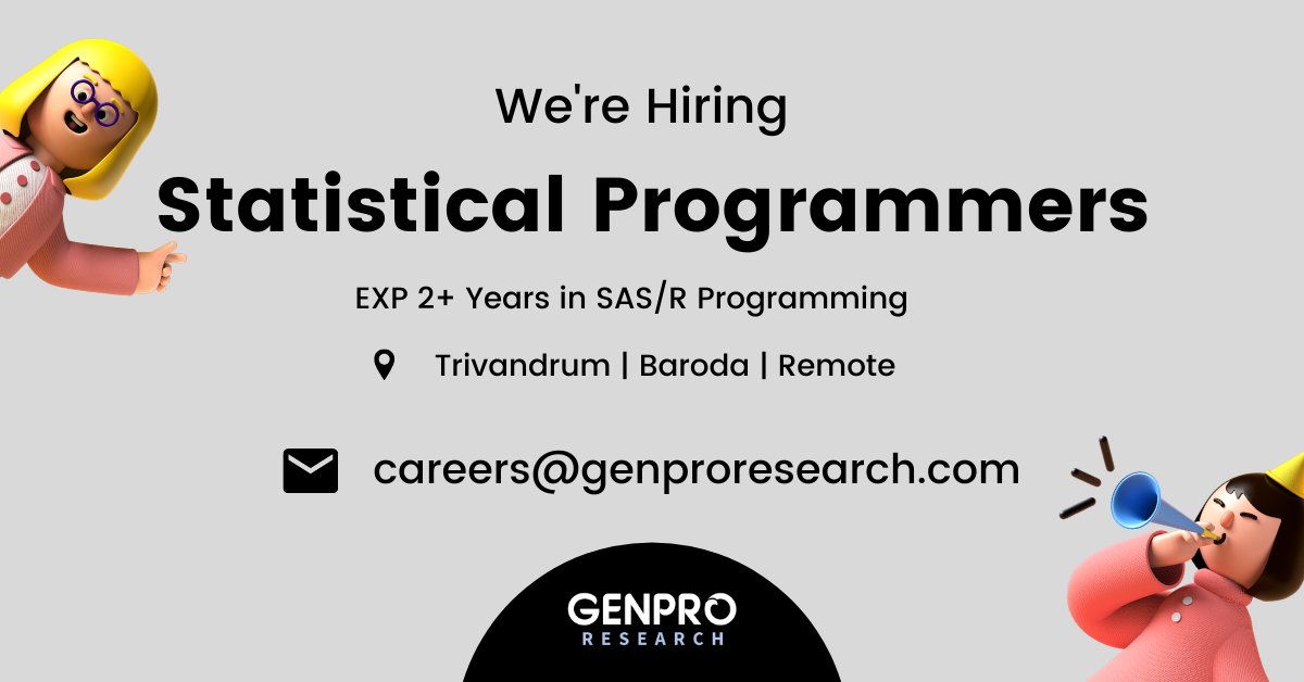 genproresearch's tweet image. Genpro Research is hiring exuberant talents to be part of our exciting programming team. Are you a SAS/R Programmer with 2+ years of experience? Rush your resume to careers@genproresearch.com and become a part of a fast-growing team at Genpro.
#hiring #sasprogrammer #Rprogrammer