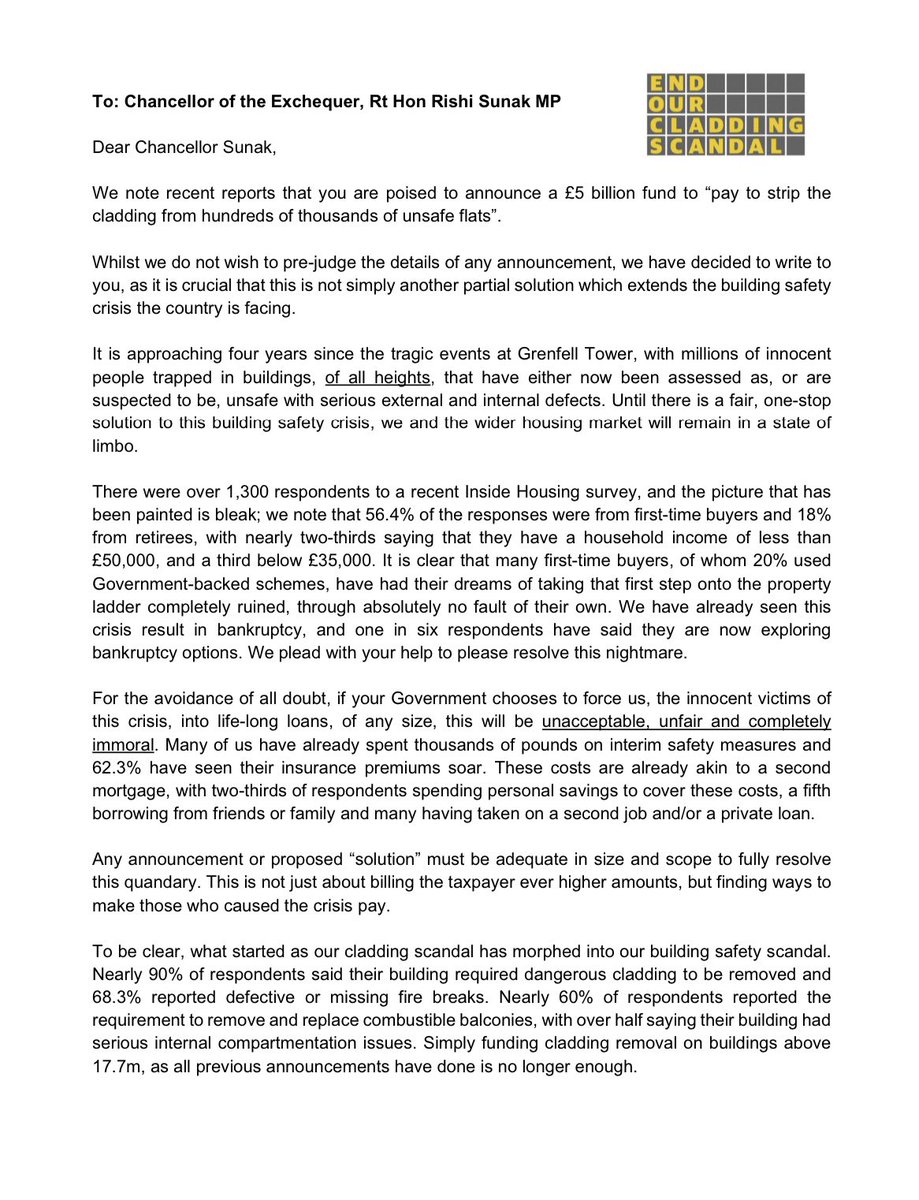 rachaelvenables's tweet image. Exclusive: Cladding Campaigners write to Chancellor Rishi Sunak, saying they will not accept “another partial solution” to the crisis- ahead of Jenrick’s announcement this lunchtime. 

They also say a reported attempt to force loans on some residents would be “unacceptable.” @LBC