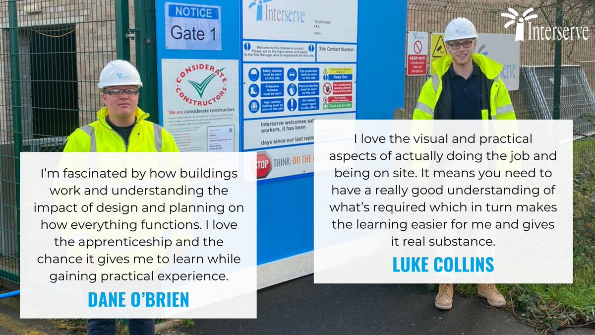 Luke &amp; Dane are laying the foundations for success by completing Interserve’s apprenticeship scheme. The apprenticeships involve working on site four days a week &amp; completing nine hours of study once a week. Find out more: interserve.com/2021/02/10/int… #NAW2021 #BuildTheFuture