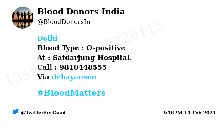 BloodDonorsIn's tweet photo. #Delhi
Need #Blood Type :  O-positive
At : Safdarjung Hospital. 
Blood Component : Blood
Number of Units : 4
Primary Number : 9810448555
Secondary Number : 8512841435
Patient : Sheetal 
Illness : Acute leukemia &amp; Pregnant
Via: @debayansen
#BloodMatters
Powered by Twitter https://t.co/AkFMsa8HY9