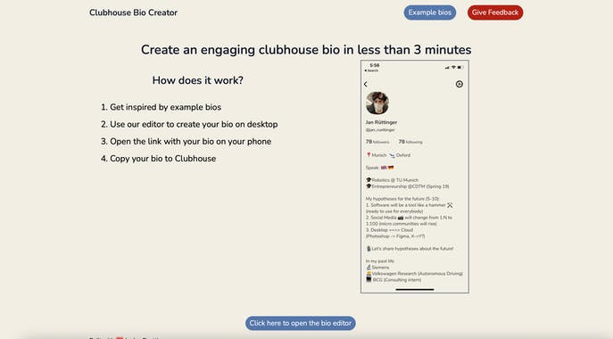 6.  https://clubhousebio.xyz/  - Edit your Clubhouse bio comfortably from your browser