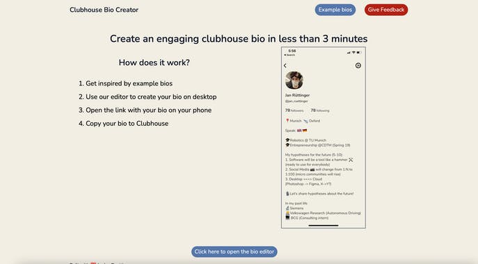 6.  https://clubhousebio.xyz/&nbsp; - Edit your Clubhouse bio comfortably from your browser