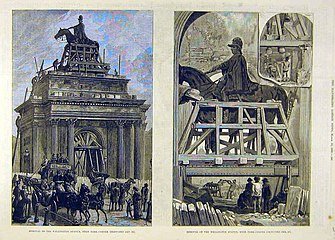 As the Constitution Hill Arch was "repurposed" to honour Wellington by committee, Wyatt's giant statue was placed atop.Imoressive,but out of proportion, it was ridiculed by the press & population.When Wellington Arch was moved (est 200m) it was rehomed. #WellingtonWednesday