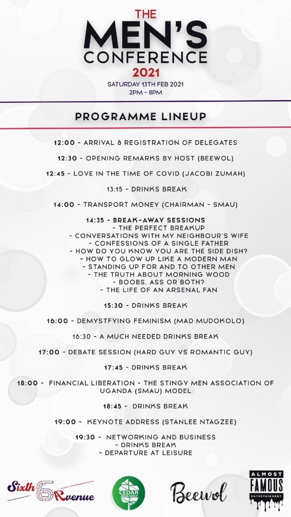 DJ_Dranix's tweet photo. #PROGRAMLINEUP
I highly encourage @Arsenal fans to attend.
@beewol is hosting this one & @MadMudokolo
courtesy of @AlmostFamousUG
Feb. 13th, 2021 #MensConference2021
in attendance @PhilKirya @paul_unzimai @bakobarco https://t.co/l495SYiwjD