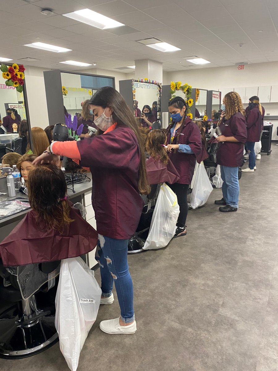 kfcosmoandcutz's tweet photo. It's that time again... state board time! Seniors are hard at work practicing their state practical exam to be licensed before graduation! #KFcosmo #Promise2Purpose #KleinCTE #cosmetologystudents #cosmetologylife @JLanceAlexander @KISD_CTE @KleinISD https://t.co/Q0q7mltiVh