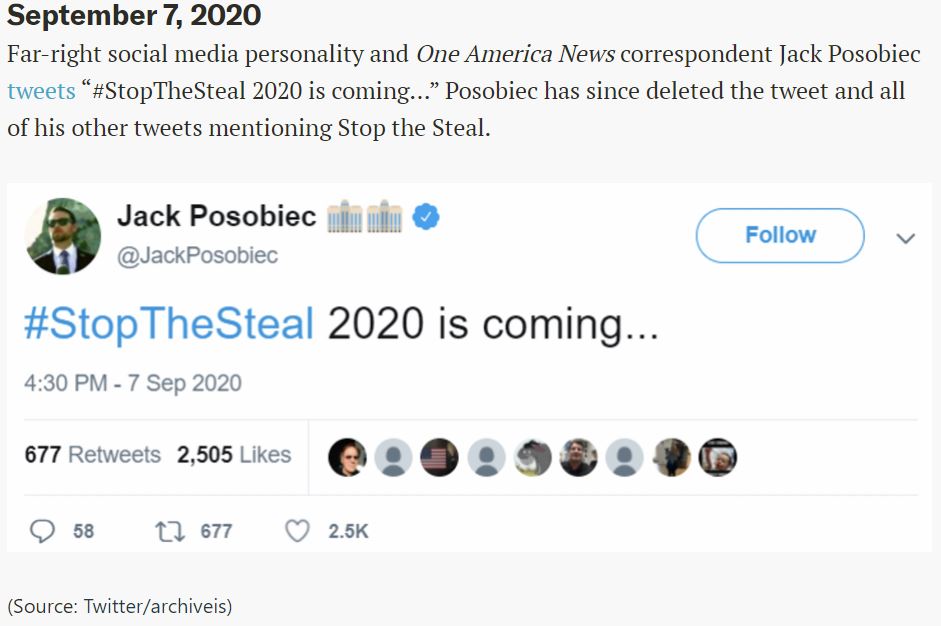 First off, I don't think there's been enough examination of Jack Posobiec's role in Stop the Steal. He was the first person we found tweeting about the campaign and he plugged it on Election Day. How much did he know and when did he know it?