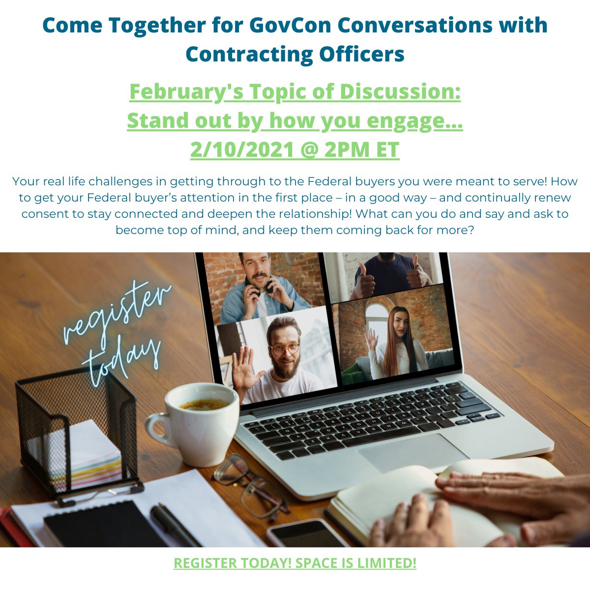 Don't miss this webinar TODAY! Stand out by how you engage.  If you're a #GovCon come talk with former #Federal Contracting Officers and get your burning questions answered on the spot!   Register today: zcu.io/k5iN