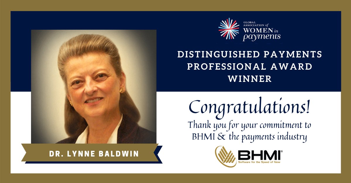 bhmisoftware's tweet photo. Congratulations to BHMI President, Dr. Lynne Baldwin, on receiving the Women in Payments, Distinguished Payments Professional Award. The award honors her lifetime commitment and contributions to the #payments industry. https://t.co/Xdi3NkU9N6 https://t.co/2imhL7zLt5