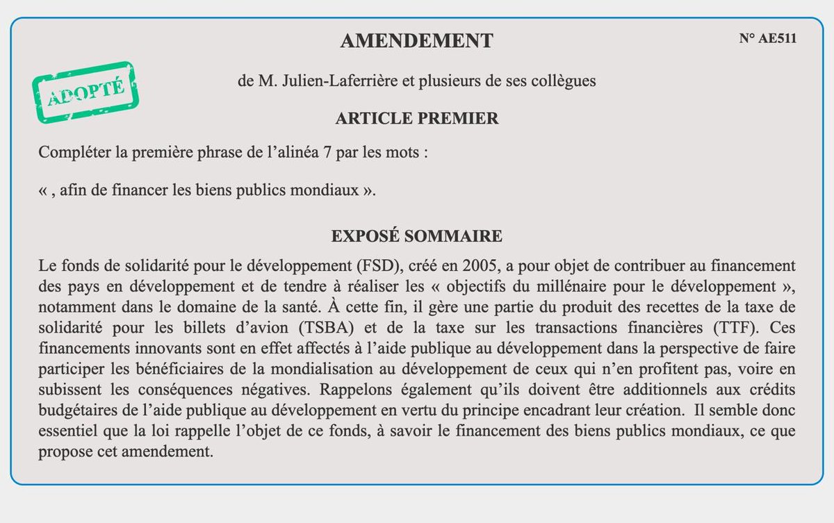 🏛 #DirectAN
💪🏻 Mon amendement de clarification adopté par la Commission @AN_AfEtr : oui l'objectif du Fonds de Solidarité pour le Développement est de financer les biens publics mondiaux ! 
#DéveloppementSolidaire @coordinationsud