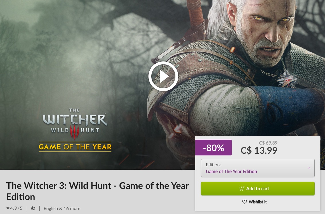 The Witcher 3: Wild Hunt - Game of the Year Edition (PC) is $13.99 at GOG bit.ly/2MRGxUK