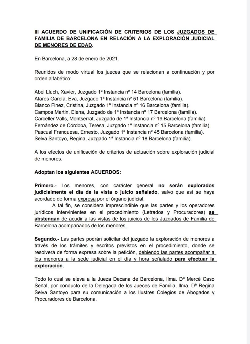 Os facilito por su interés los nuevos acuerdos alcanzados por los jueces de los JUZGADOS de Familia de Barcelona, en lo referente a criterios a seguir por los letrados cuando se solicite la exploración judicial de NNyA <a href="/AeafaAbogados/">aeafa</a> <a href="/SCAF_cat/">SCAF. Societat Catalana d'Advocats de Família</a> <a href="/PlataformaFyD/">Plataforma Familia y Derecho</a> @comunicacioicab