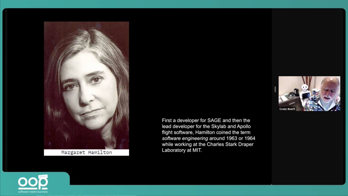 susannebraun's tweet image. Wow! TIL that the term &quot;software engineering&quot; was coined by a woman: Margaret Hamilton! Great keynote by @Grady_Booch @ #OOPdigital #OOP2021 #womenintech