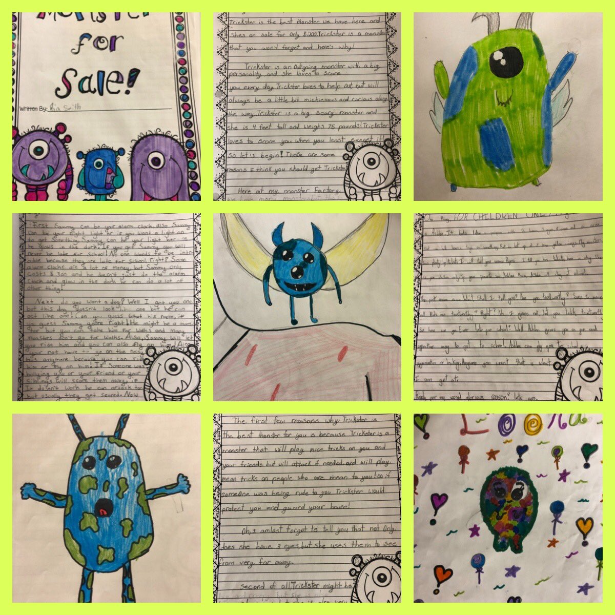 cmilnehrce's tweet photo. Grades 4/5 &amp; 5 Ss @TantallonSrElem completed their persuasive writing. Monsters for sale! Very convincing and some really creative features to help “sell” their monster. So great to see the finished product! @HrceLiteracy @mspearson3 https://t.co/lu8UfcYaVl
