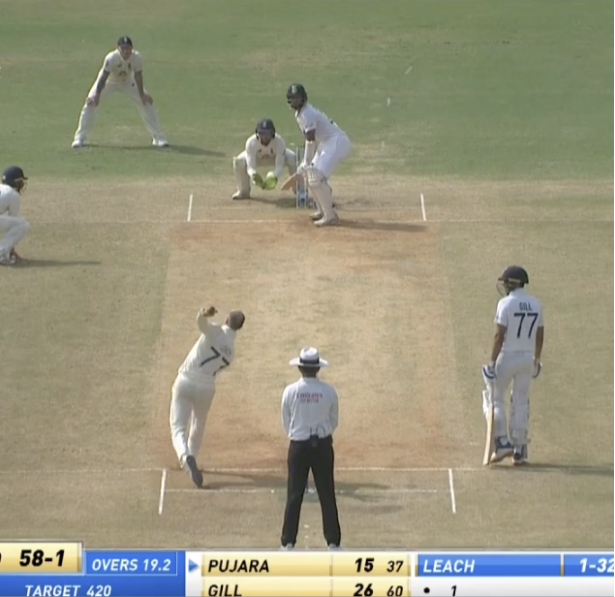Pujara’s approach was a little different. He was standing on middle and seemed cautious against deliveries pitching within the stumps. He didn’t commit fully to the back or front foot like Shubman did, often waiting for deliveries to just spin past, or playing them late.