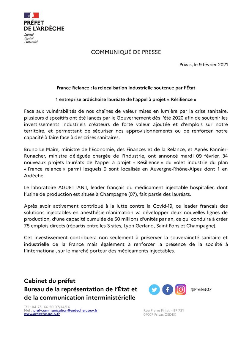 #FranceRelance 

➡️Appel à projet "Résilience" - volet #industrie du plan de relance

✅🏆👏1⃣7⃣projets lauréats en #AuvergneRhoneAlpes dont 1⃣ en #Ardèche : <a href="/LaboAguettant/">Laboratoire Aguettant</a> à #Champagne

Plus d'infos 👇