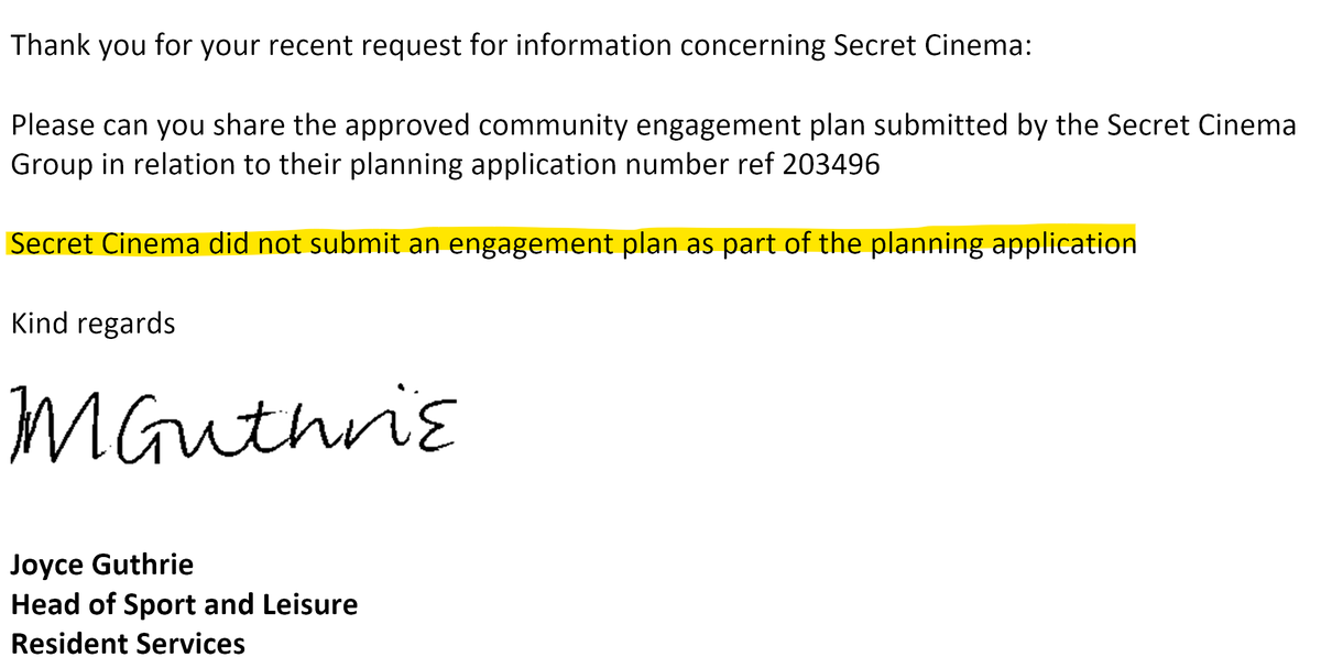The council have just confirmed that <a href="/secretcinema/">Secret Cinema</a> have NOT submitted any community engagement plans as part of their application to privatise Low Hall Fields. 
And yet these seem to be a what <a href="/wfcouncil/">Waltham Forest Council</a> are most excited about. What are we mi$$ing? 🤔
#LowHallForAll