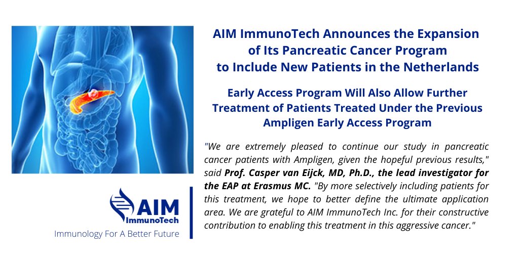 $AIM announced Dutch Health and Youth Care Inspectorate has approved #rintatolimod #Ampligen as a treatment for more #pancreaticcancer patients as part of a new Early Access Program #EAP at Erasmus Medical Center globenewswire.com/news-release/2… #oncology #biotechnology #pharmaceuticals