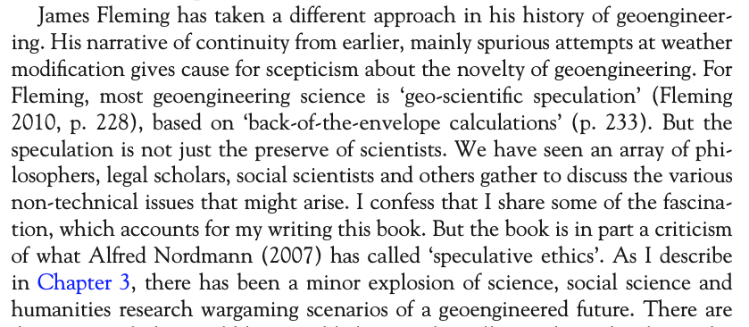 Third, from my Experiment Earth book.  @JaneAFlegal and I have discussed many times how social scientists should engage with geoengineering hype and geoengineering research. I'm still not sure.