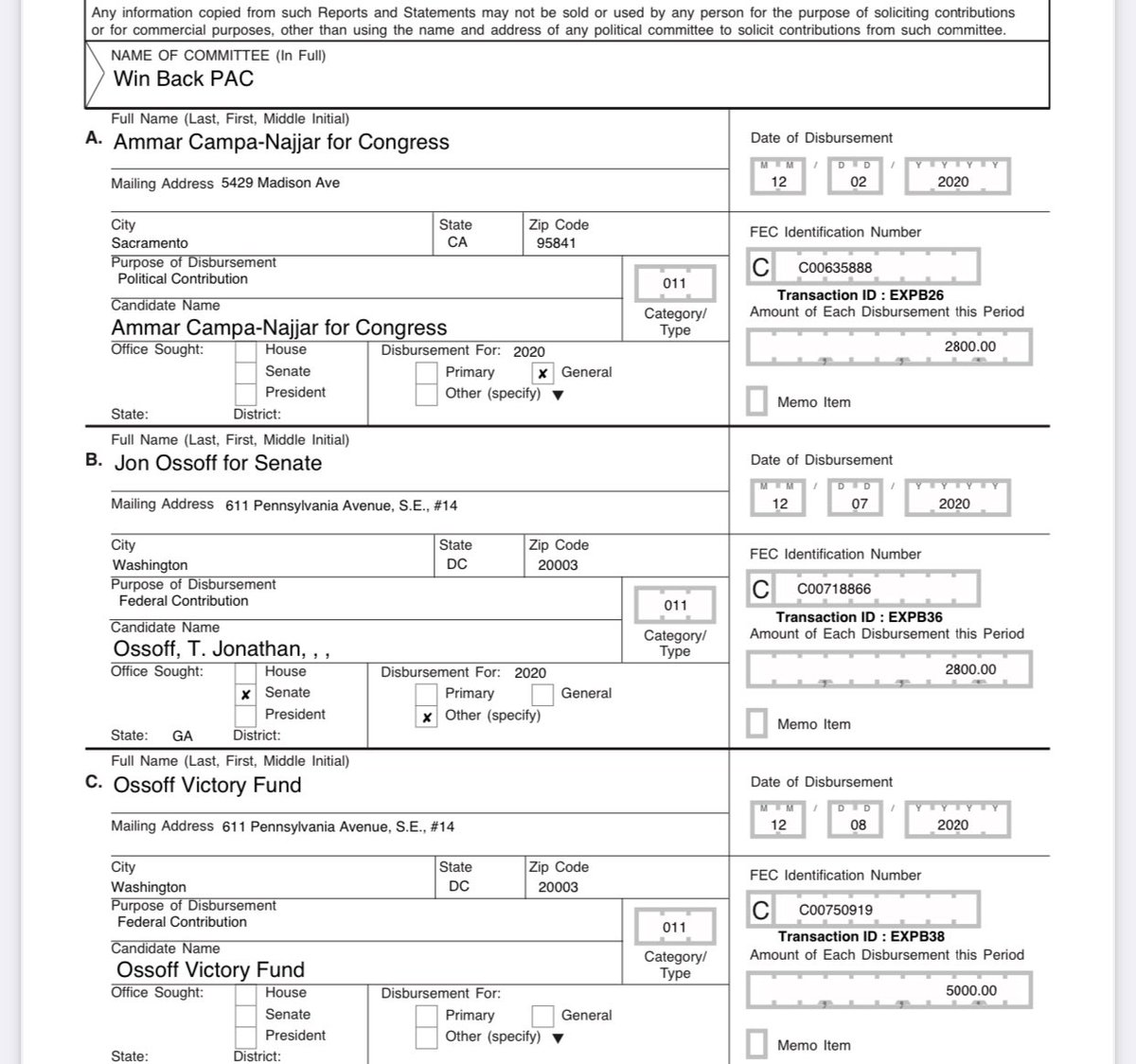 Total Donations to CampaignsWarnock for Georgia $2800Warnock Victory Fund $5000Ossoff for Senate $2800Ossoff Victory Fund $5000Ammar Campa-Najjar for Congress $2800Alex Padilla for Congress $5000