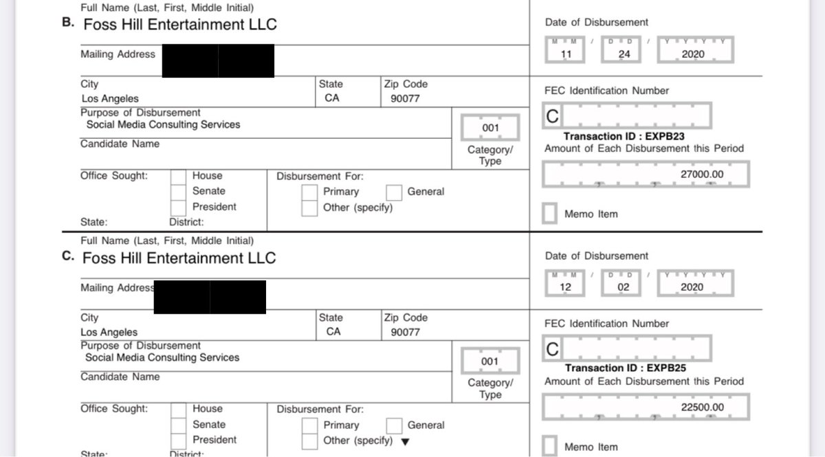 Expenses:Foss Entertainment LLC $49,500Olin Entertainment LLC $45,00Additional: Act Blue Fees and other random fees not totaling much money.