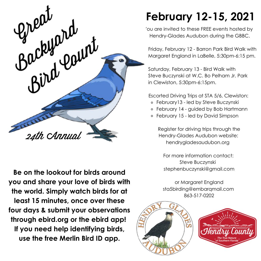 24th annual #GreatBackyardBirdCount is here!
The #GBBC was one of the first online citizen science projects established to collect information on wild #birds. 
Event Info:
sta5birding@embarqmail.com
863-517-0202
#DiscoverHendry #birding #VisitFlorida #LoveFL #ebird #Audubon