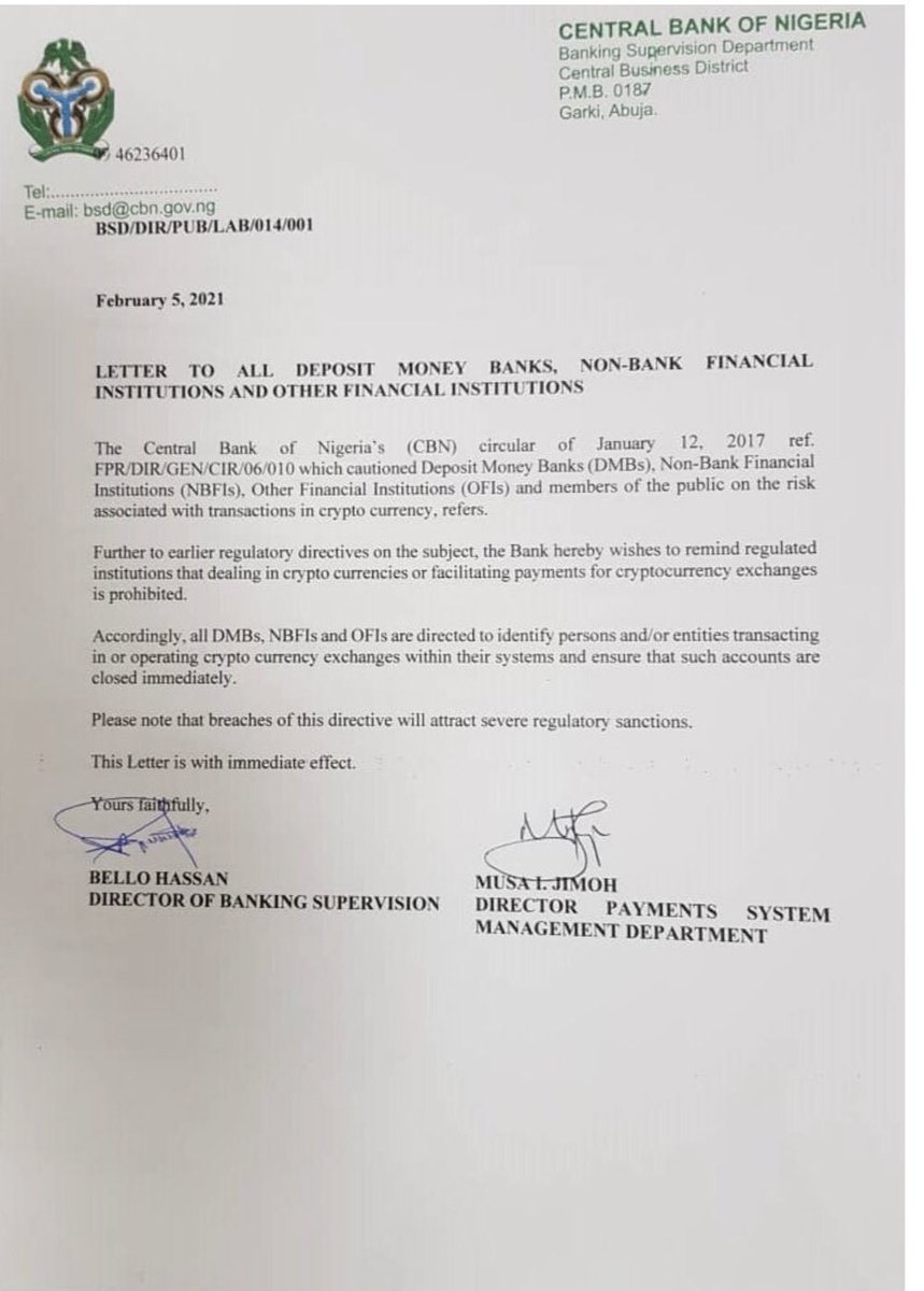 Following  @cenbank policy announcement against cryptocurrency in the country, the apex bank will work with the NFIU to investigate cryptocurrency exchange corporate bank accounts within the country.