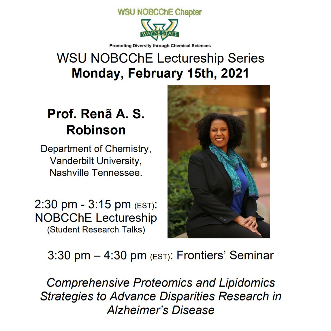 Please join us on Monday, February 15th, for our lectureship series featuring our fellow members and Dr. Renã Robinson. Hope to see you there! 👩🏾‍🔬 #blackinchem #blackinstem