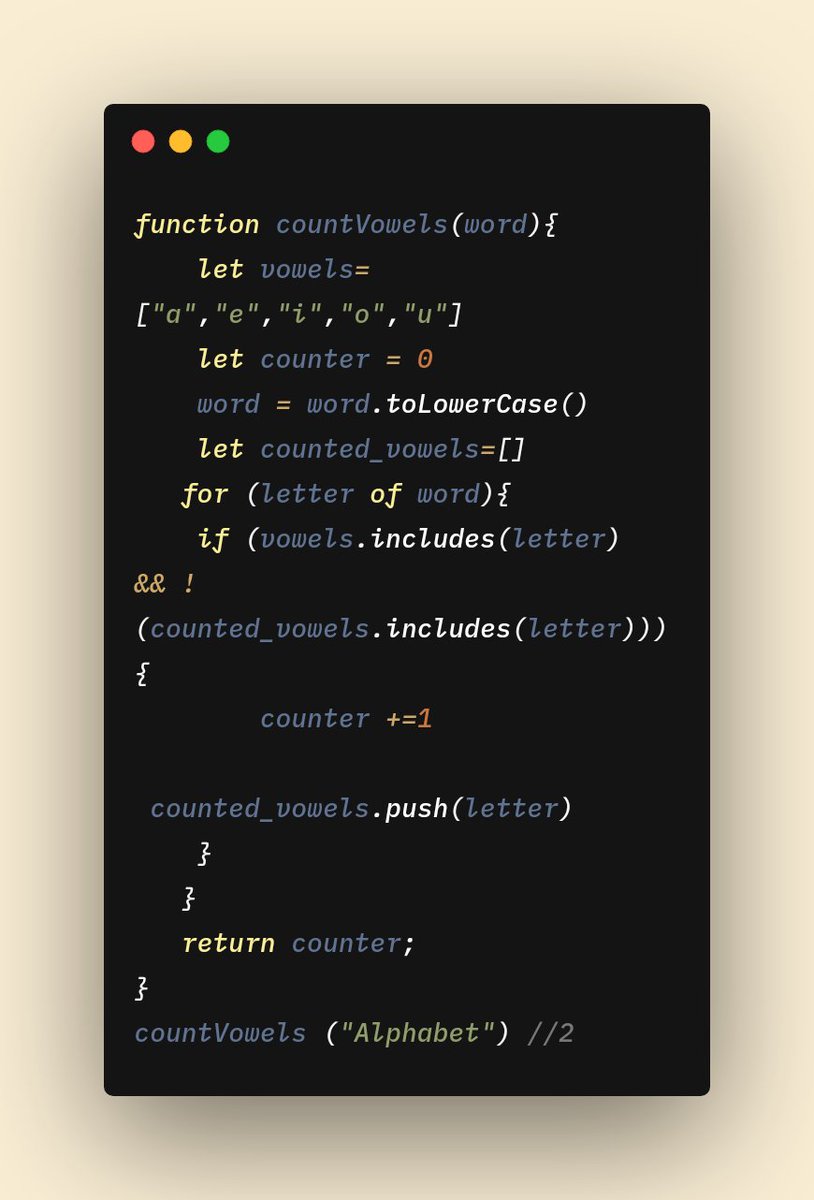 0xaca's tweet photo. Counting the number of vowels in a word using JS
#javascript  #Python #NodeJS #100DaysOfCode https://t.co/esmhzdtNqA