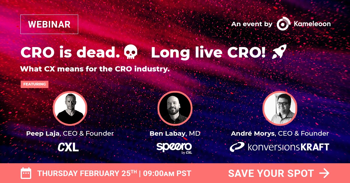 2/ Join <a href="/peeplaja/">Pe:p Laja</a>, <a href="/BenJLabay/">BenLabay</a> from <a href="/Speero_agency/">Speero</a>   and <a href="/morys/">André Morys konversionsKRAFT</a>  from <a href="/konversionsK/">konversionsKRAFT</a>, to learn about the future of digital experimentation and how they've repositioned their businesses and services accordingly. Hosted by <a href="/KameleoonAi/">Kameleoon</a>

app.livestorm.co/kameleoon/cro-…