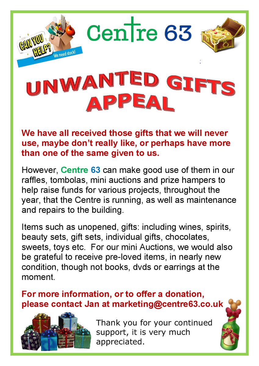 PLEASE CAN YOU HELP?

Centre 63 will be doing some community fundraising this year, to help with the costs of maintenance and repairs to the building; some projects we will be working on and continuing to help those in our community who are struggling.