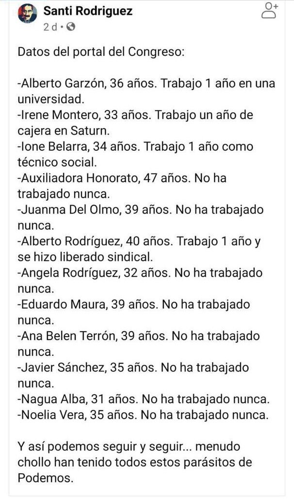 Tonicanto1's tweet photo. Experiencia laboral de Podemos, en el ámbito privado, antes de su llegada al Congreso.

Nula o prácticamente inexistente. https://t.co/YvPNuXaZdl