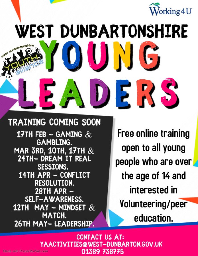 FREE online training for young volunteers aged 14+ in West Dunbartonshire🤩😍 all you need to do is sign up at the link: surveymonkey.co.uk/r/YLtrainingIYL &amp; one of our youth workers will be in touch with all the info you need on how to join the sessions😊