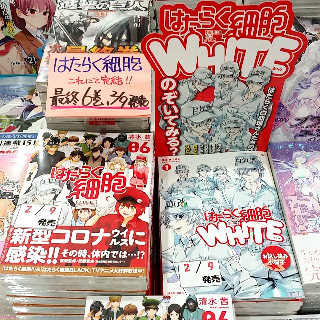 田村書店千里中央店 読んでためになる漫画の代名詞 はたらく細胞 本日発売の6巻でついに本編が完結です アニメ２期も大好評 ただいま全巻在庫がございます まとめ買いのチャンスです スピンオフ作品もたくさんご用意しております ｔ