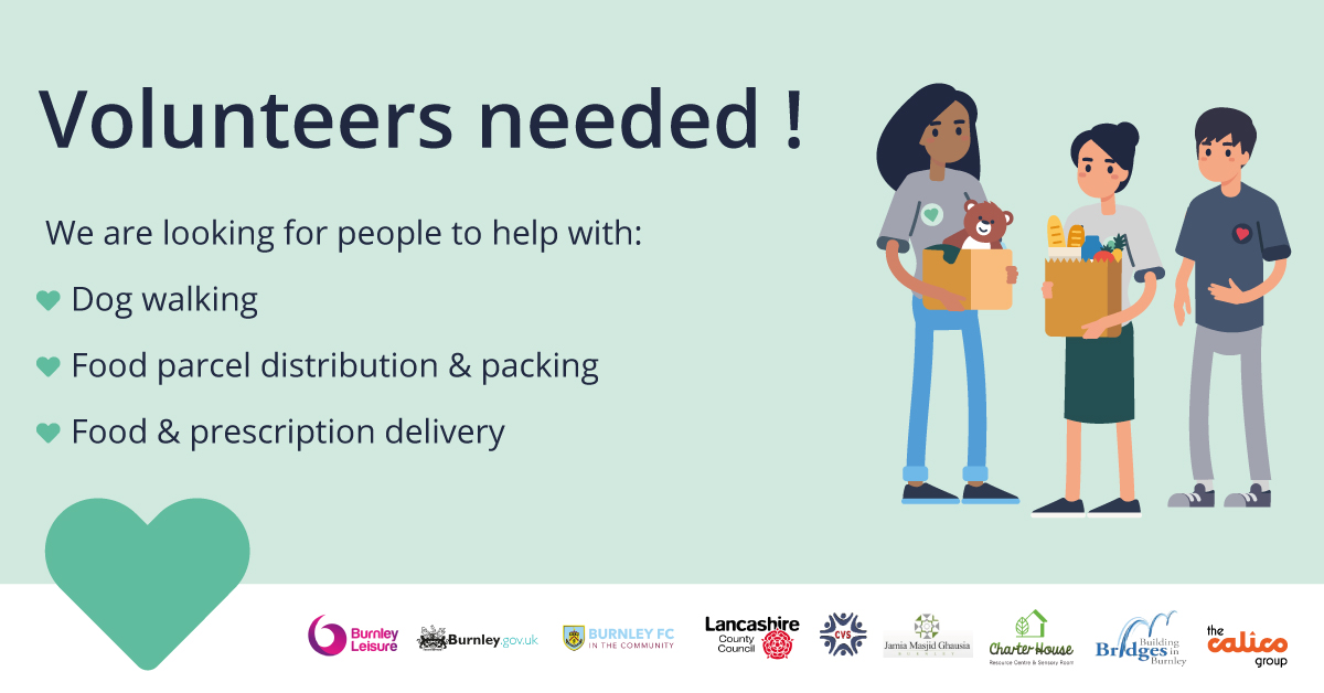 Volunteers needed! 

If you are interested in helping please email us, contact@burnleytogether.org.uk 

We can work around your commitments - even if you can only spare a few hours a week  this will make a huge difference will make a huge difference.

#Burnley #volunteers
