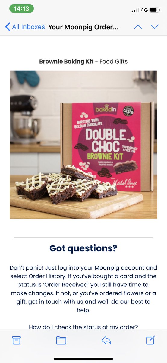 Hi <a href="/MoonpigUK/">Moonpig</a> I ordered a card and brownie kit for my pregnant sister and you sent a shit book - no pun intended and haven’t replied to my complaint! Please can you respond as a matter of urgency this is terrible customer service and is causing a hostile situation!