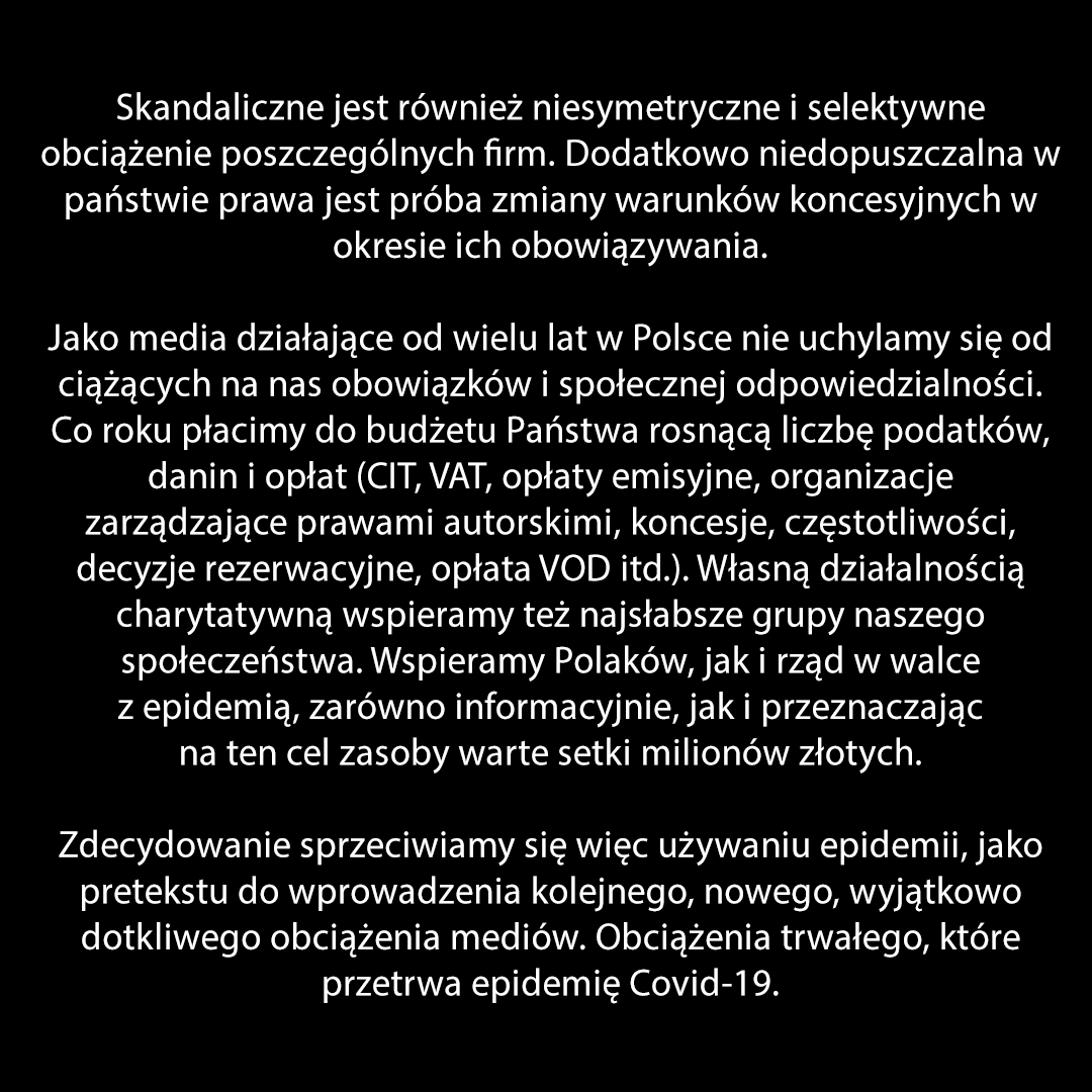 tvn24's tweet photo. Media przeciwko nowej opłacie. "To haracz, uderzający w polskiego widza, słuchacza, czytelnika i internautę". O co chodzi? O wolność mediów i wyboru tych mediów.
#mediabezwyboru 

ZOBACZ list otwarty do władz RP i liderów ugrupowań politycznych w https://t.co/0zo2HqUcc4👇 https://t.co/HDrTIzuJeO