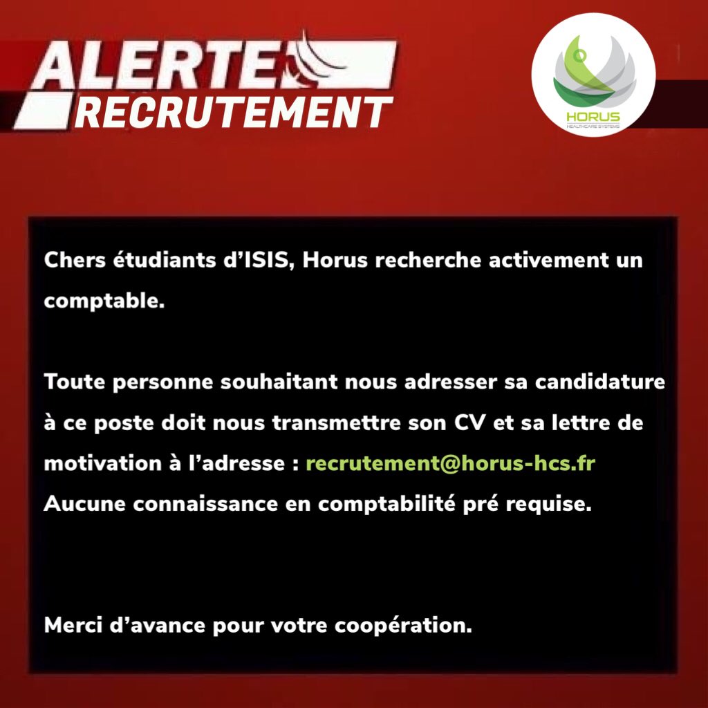 [News] 

Horus HCS recrute!!

N’hésitez pas à envoyer votre CV et lettre de motivation à :
recrutement@horus-hcs.fr 📩

#WeAreJE