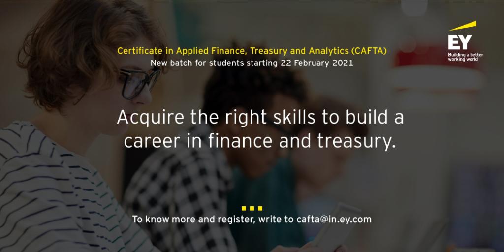 EY_India's tweet photo. Upskill yourself with #EYCAFTA to learn and apply concepts of treasury and finance
in solving business problems. New batch for students starting soon! To learn more about the program, visit https://t.co/yHBoDpKro6 #EYLearning https://t.co/0KBbioFqvR