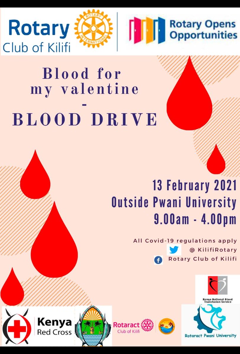 Dear Friends, as we did last year, Blood for my valentine blood drive is here again, and we would like all your support once more in helping save people's lives. We welcome you this Saturday, outside Pwani University as we continue in the spirit of service above self.