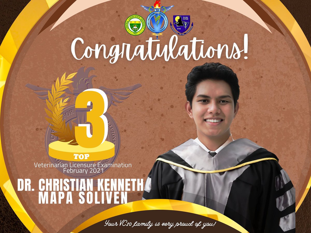Congratulations Circler Dr. Christian Kenneth Mapa Soliven for placing 3rd in the recently concluded February 2021 Veterinarian Licensure Examination!  

We are proud of you, doc!

#VC10 #ProudCircler #RiseAboveMediocrity #VLE2021 #VeterinarianLicensureExamination