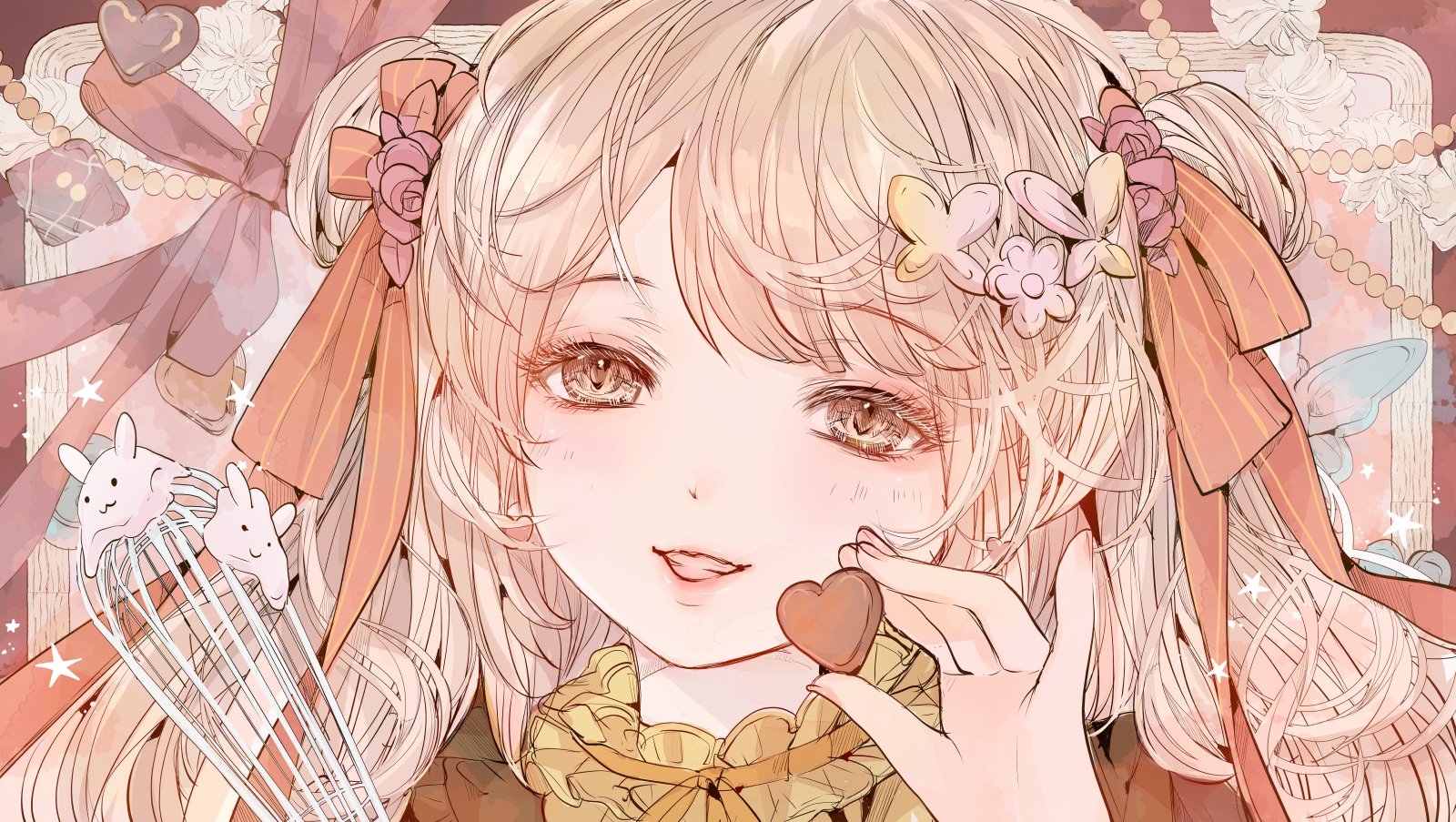 こもりひっき 幻想少女絵 バレンタイン準備中 水彩画 ペン画 デジタルイラスト 甘いチョコレートの誘惑 ホイップクリームやクッキーをあしらった チョコを作る女の子のイラストです 優しく暖かな水彩を目指しています バレンタイン バレンタイン