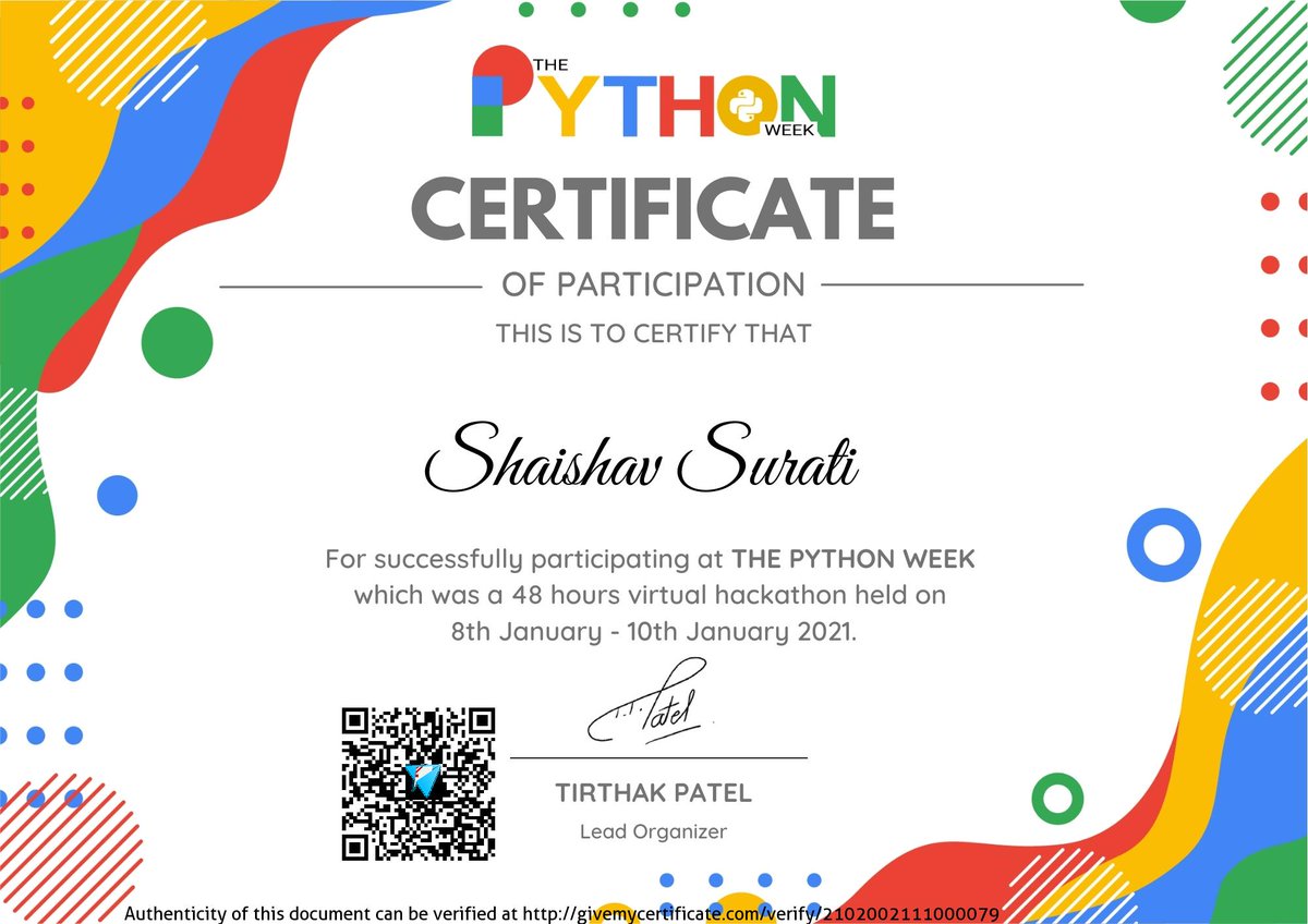 shaishavsurati's tweet photo. Thank you so much for this amazing hackathon @siddharth_hacks @imjp19_ @Mehdevclub . I was very knowledge gained during this hackathon and very enjoyable this hackathon. #thepythonweek #mehdevclub #Python #cloud #givemycertificate #community https://t.co/NZ5mdbBMcU