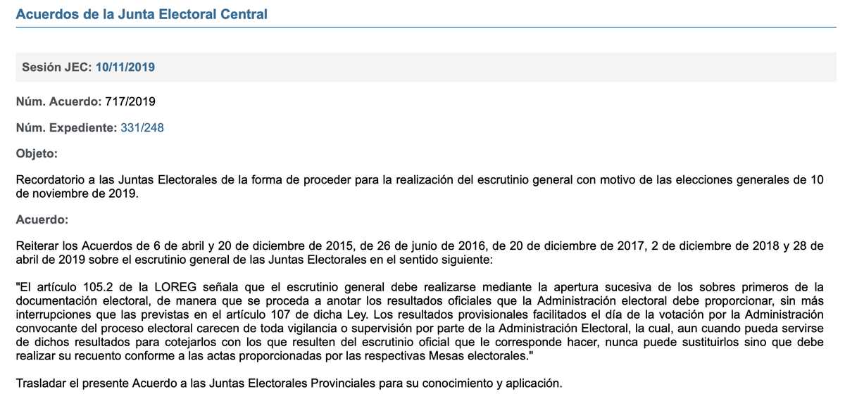 ETransparentes's tweet photo. RECORDATORIO de la Junta Electoral Central a las Juntas electorales provinciales sobre como debe hacerse el escrutinio general. APERTURA SUCESIVA DE LOS SOBRES PRIMEROS...El domingo 14F no habrá electos... El partido que diga lo contrario estará incumpliendo la ley electoral. https://t.co/R4Dgj8tBVv