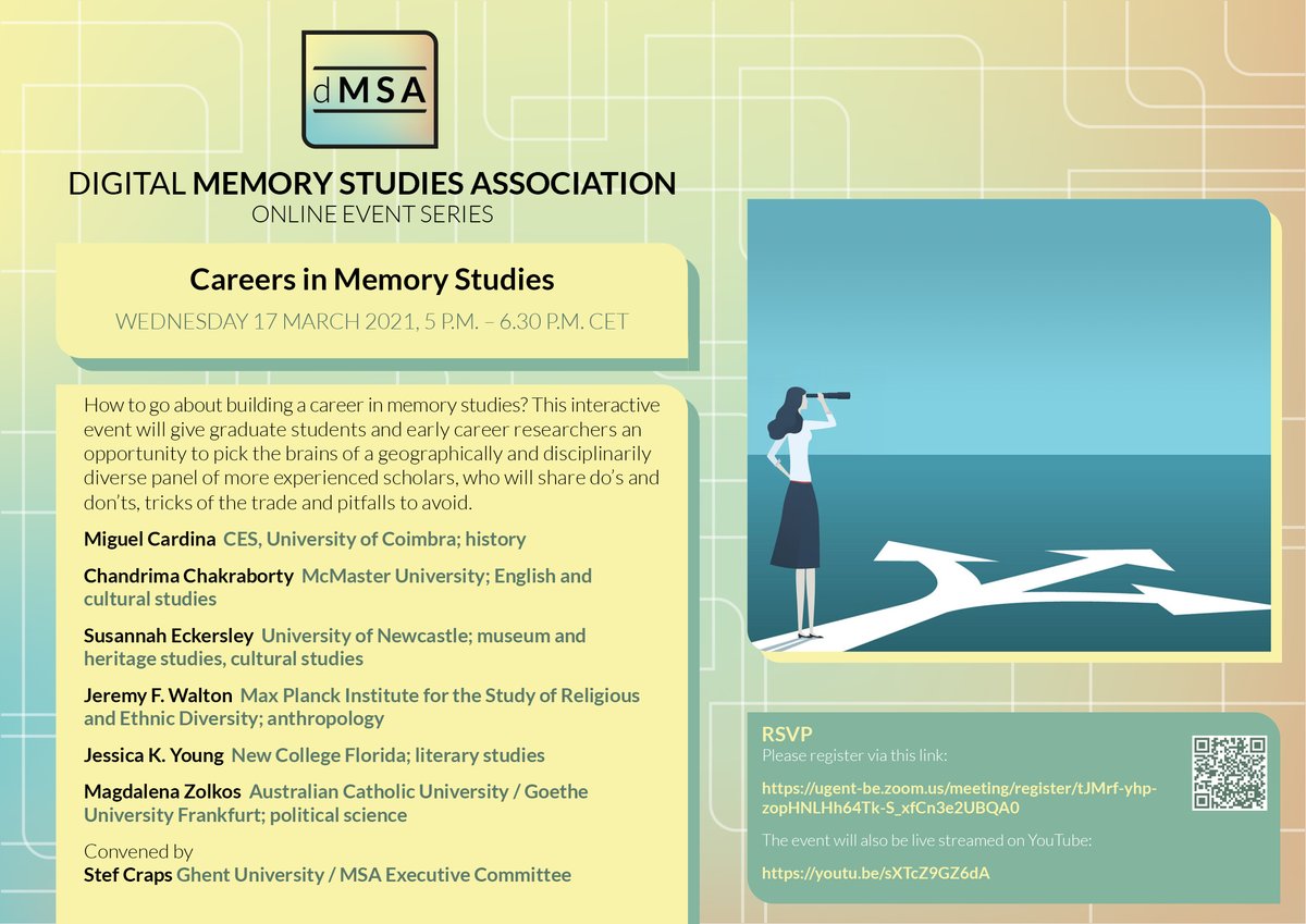 Don't hesitate, save the date! Register now to make sure that you can ask these colleagues about their tips and experiences when first entering the field of memory studies: ugent-be.zoom.us/meeting/regist…