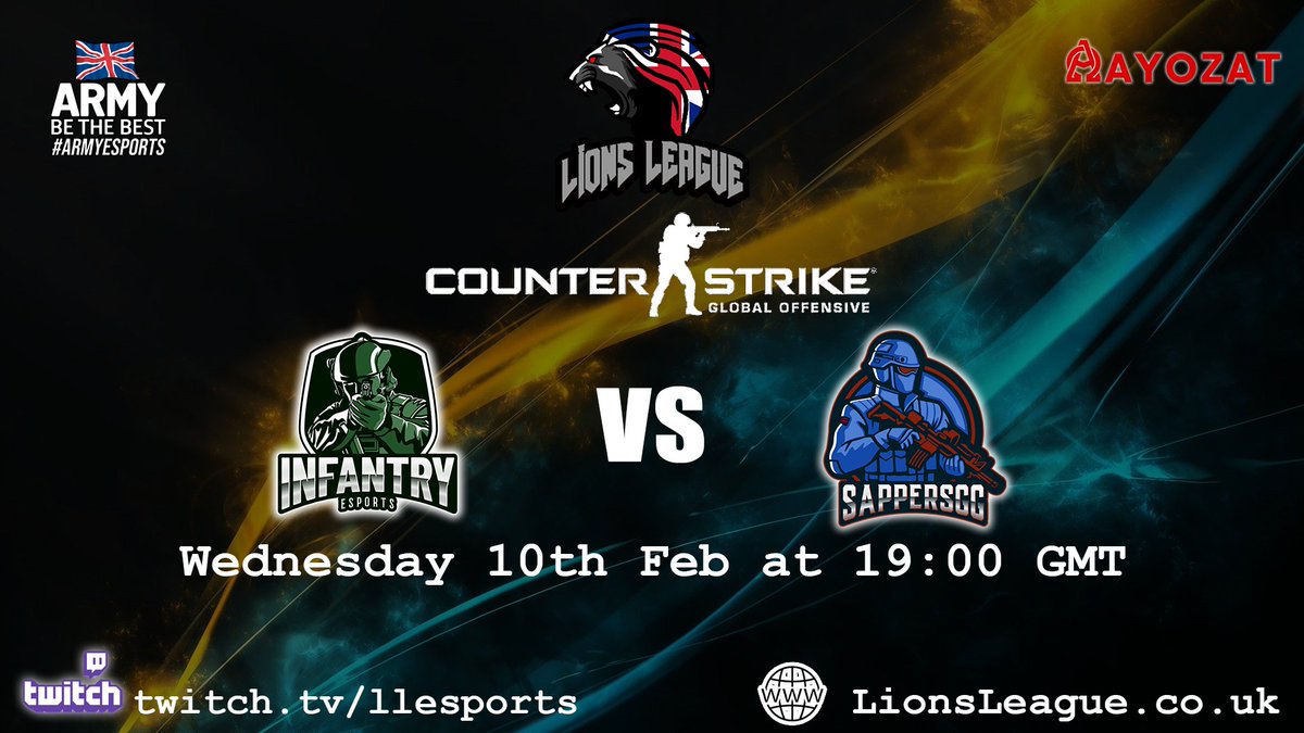 BritArmyesports's tweet photo. The one to watch! 

Lions League Season 3 brings us a show match between @ArmyInfantryHQ and the @Proud_Sappers in a BO3 on @CSGO.  

🔴Tune in at 1900 GMT over on https://t.co/NKZuIOUQt1

#LionsLeagueS3 #BritishArmy #eSports #gaming #streamer https://t.co/X5pF5o61QG