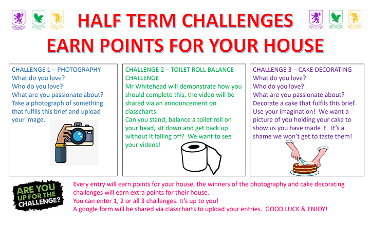 WellacreAcademy's tweet photo. We have launched Wellacre's Half Term House Challenges!

Earn points for your house with these three fun, creative and active challenges.

We look forward to seeing your photographs, cakes, and, of course, your toilet roll challenge videos!!

#GoodLuck #Lowry #Turing #Pankhurst https://t.co/0rvVAVON8V